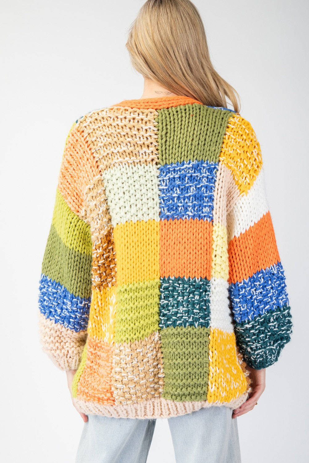 color block knit open cardigan in avocado-back
