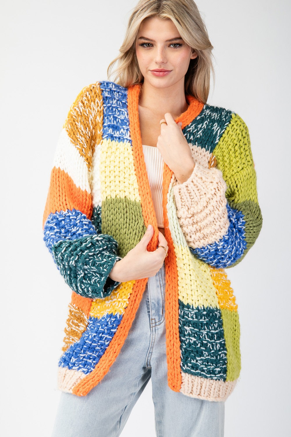 color block knit open cardigan in avocado-front