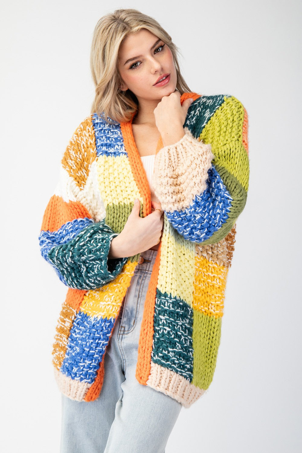 color block knit open cardigan in avocado-front