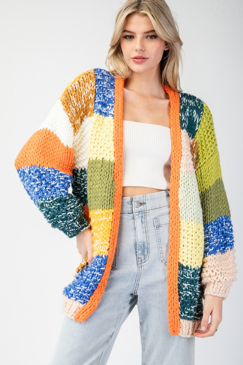 color block knit open cardigan in avocado-front