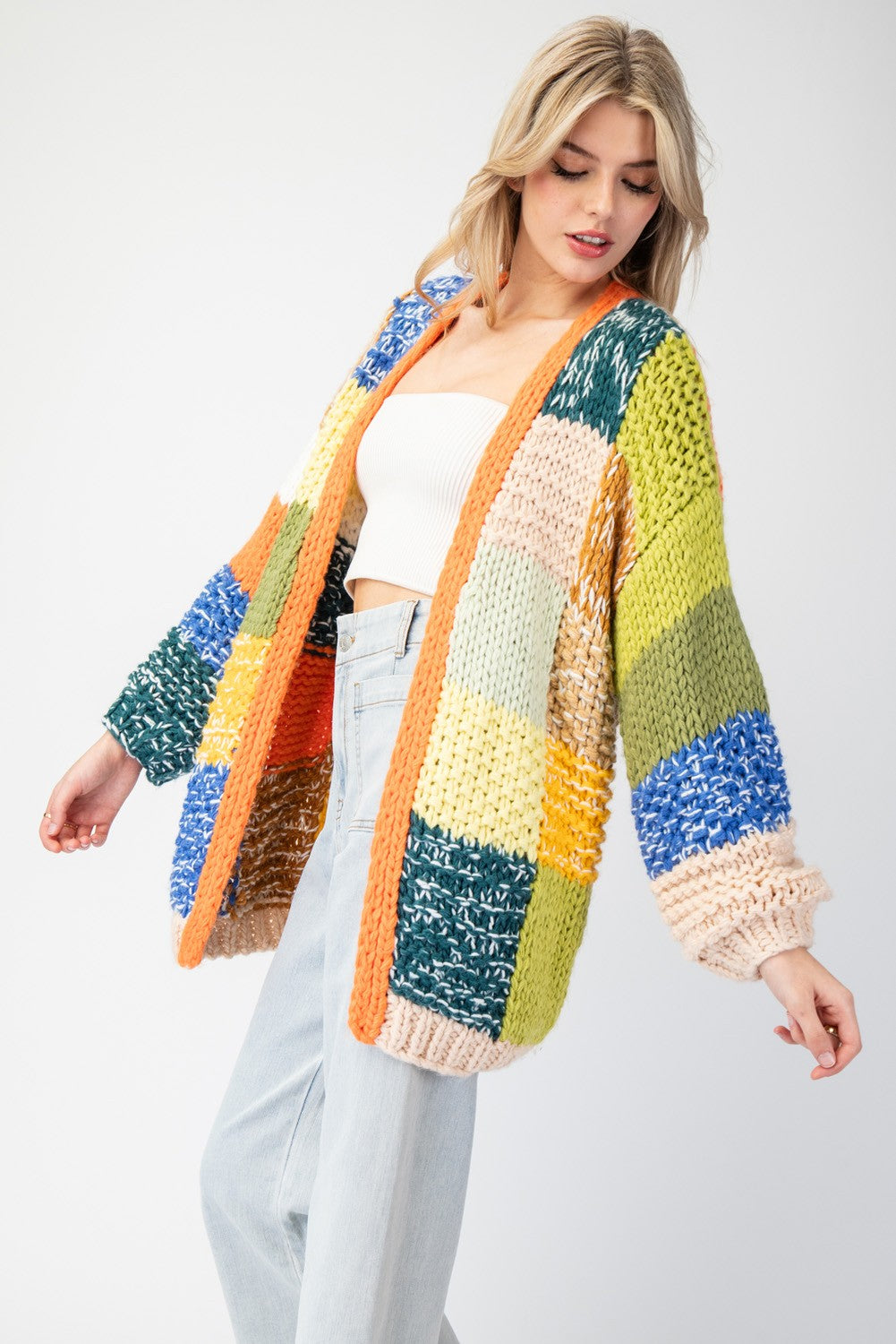 color block knit open cardigan in avocado-side
