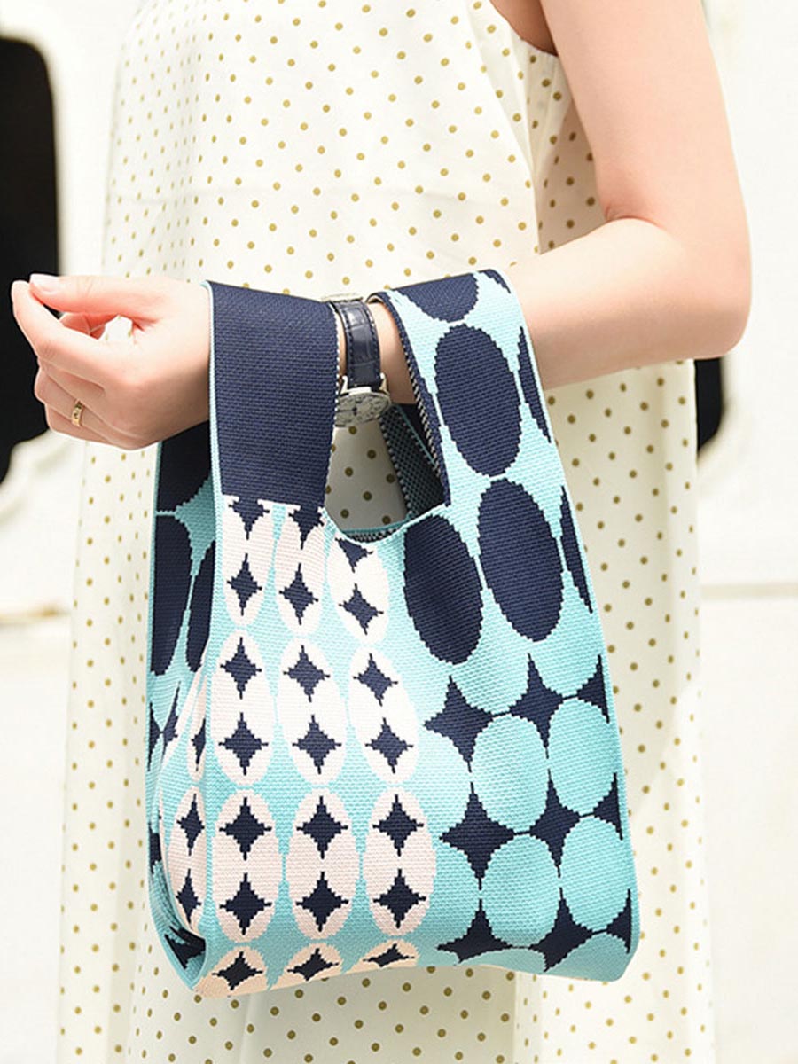 geometric print knit mini wristlet satchel tote bag