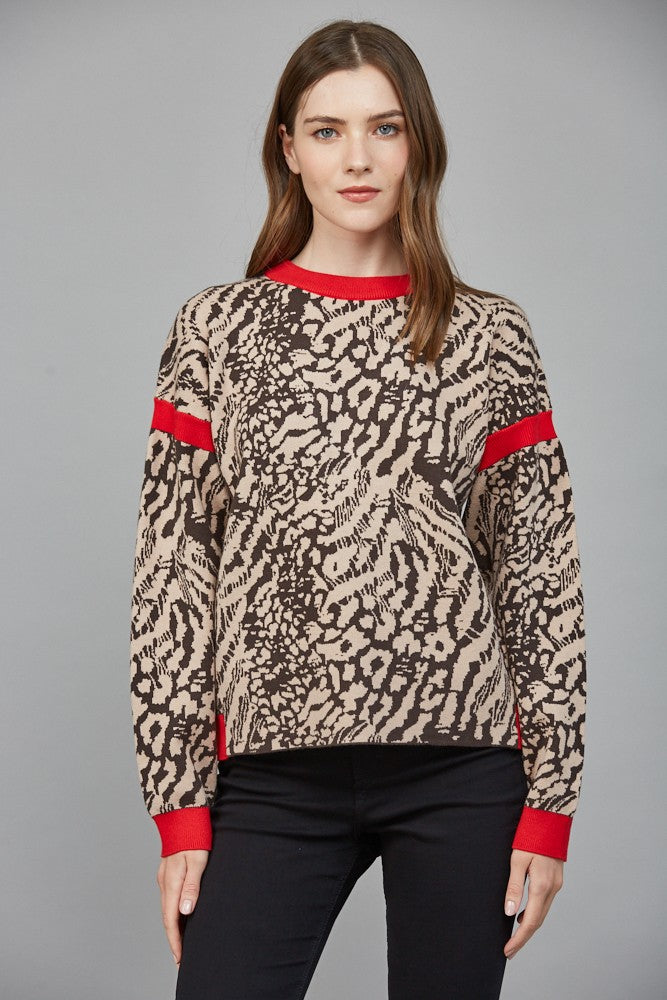 Contrast Rib Open Back Sweater Taupe Brown Red