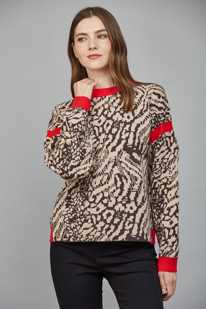 Contrast Rib Open Back Sweater Taupe Brown Red