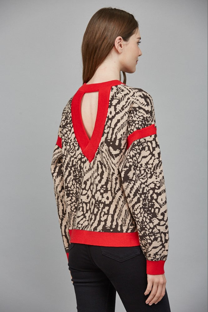 Contrast Rib Open Back Sweater Taupe Brown Red