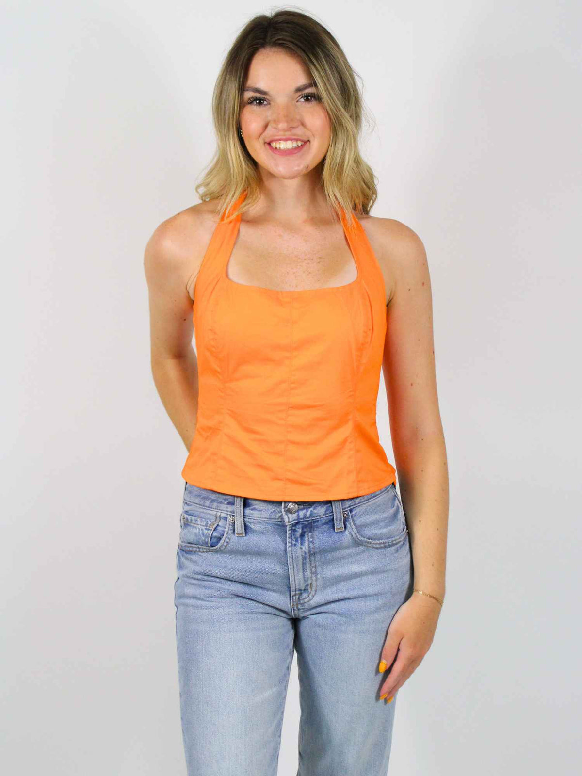 Contrast Tie Crop Halter Top Sunkist White