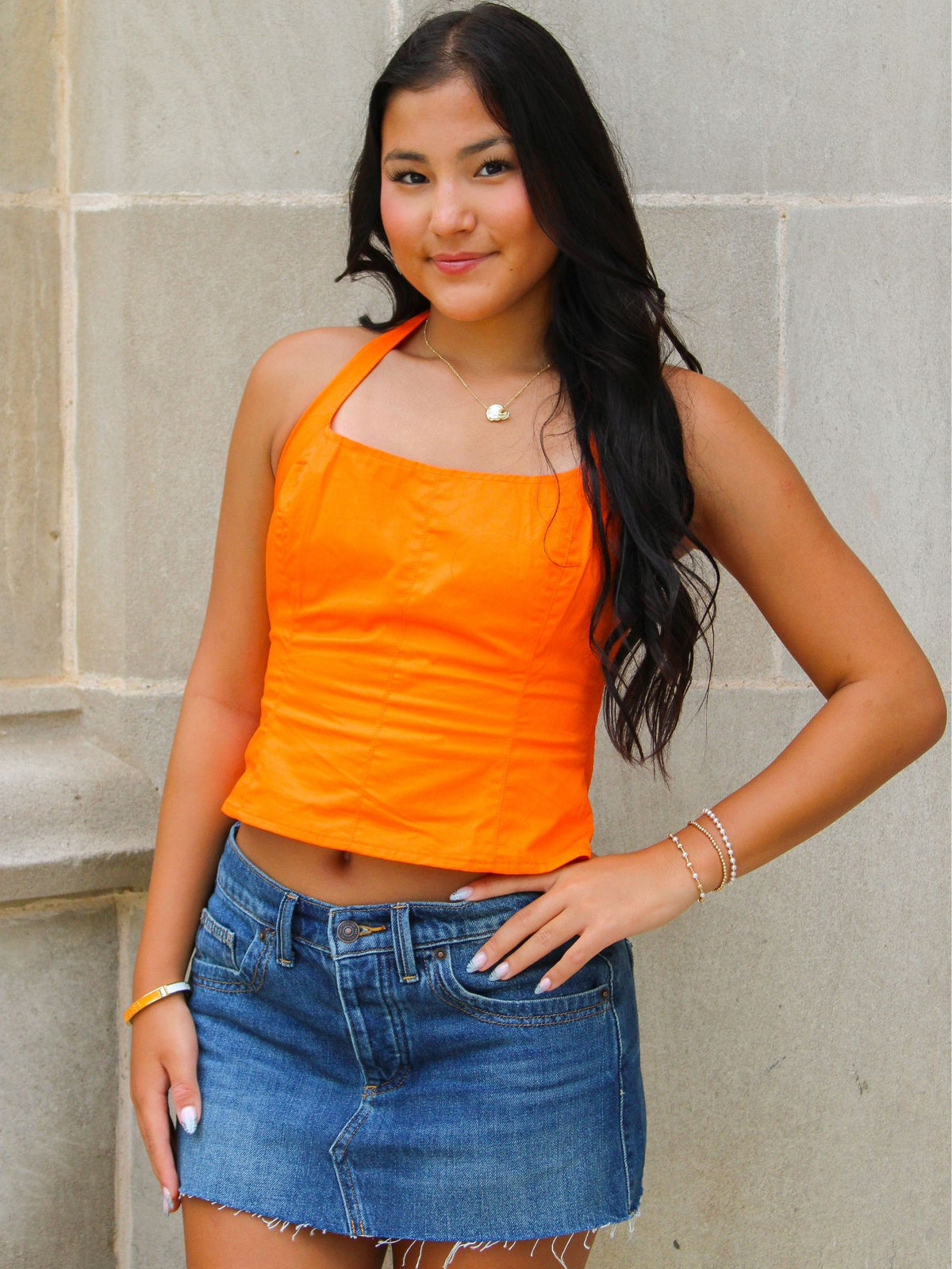 Big Orange Bow Halter Crop Top orange and white