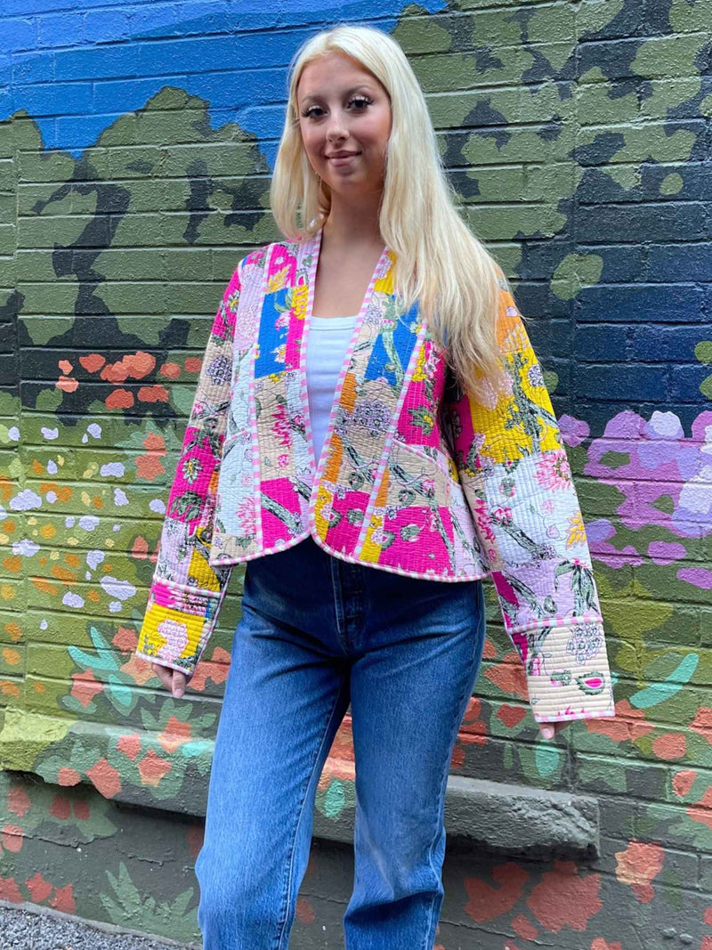 Contrast Trim Quilt Kimono Jacket