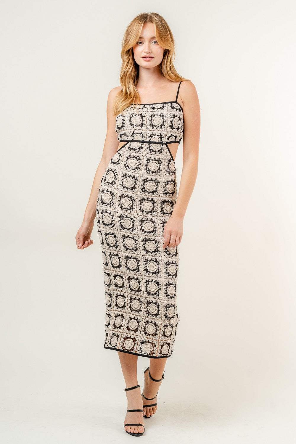 crochet cutout midi dress in black and natural-front 