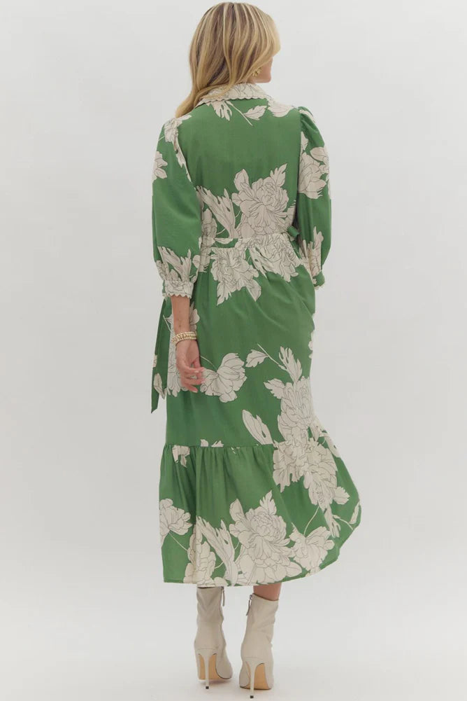 entro floral print button up midi dress in green 