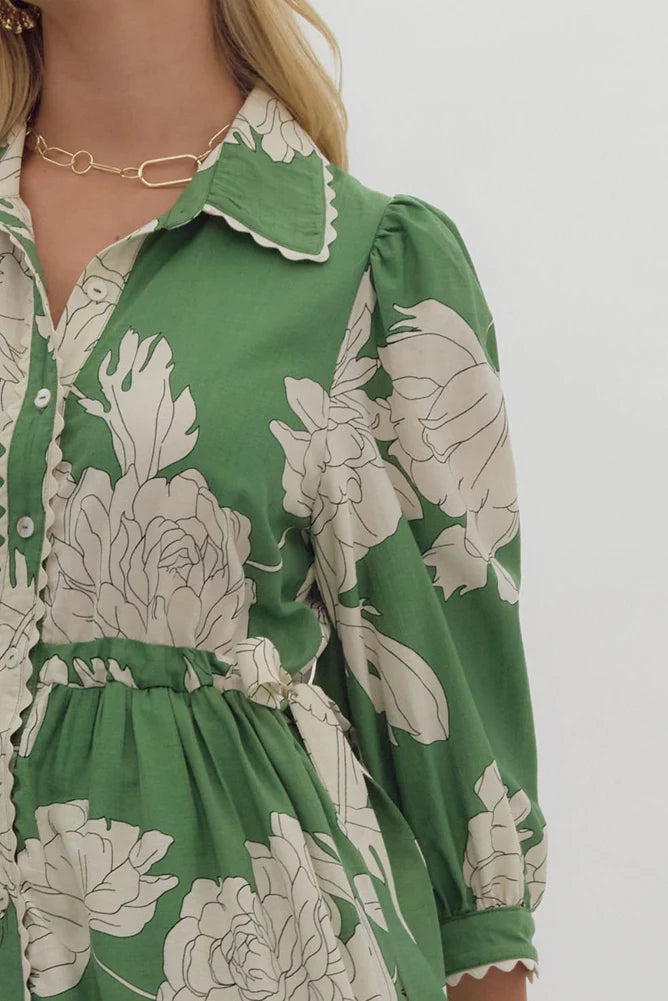 entro floral print button up midi dress in green 