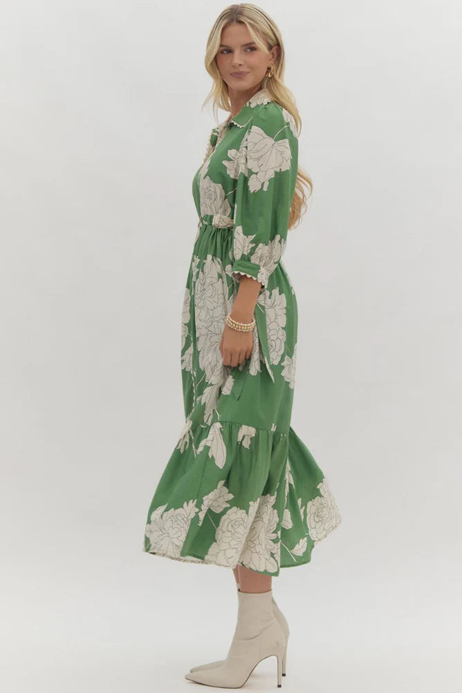 entro floral print button up midi dress in green 
