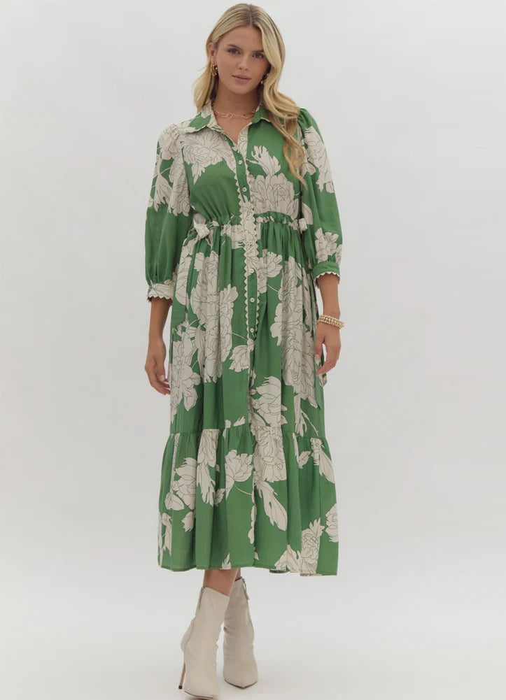 entro floral print button up midi dress in green 
