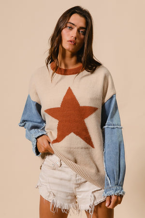 Star Denim Sleeve Sweater