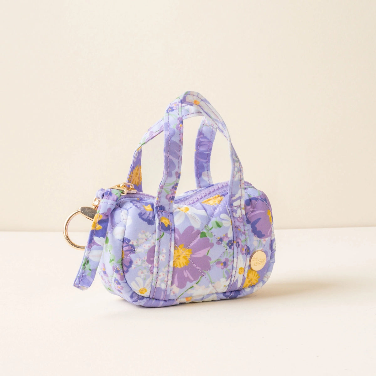 Purple Floral Mini Duffle Bag Bag Charm on Cream Background Darling Effect Itty Bitty Duffle Bag Charm Bouquet Beauty Purple