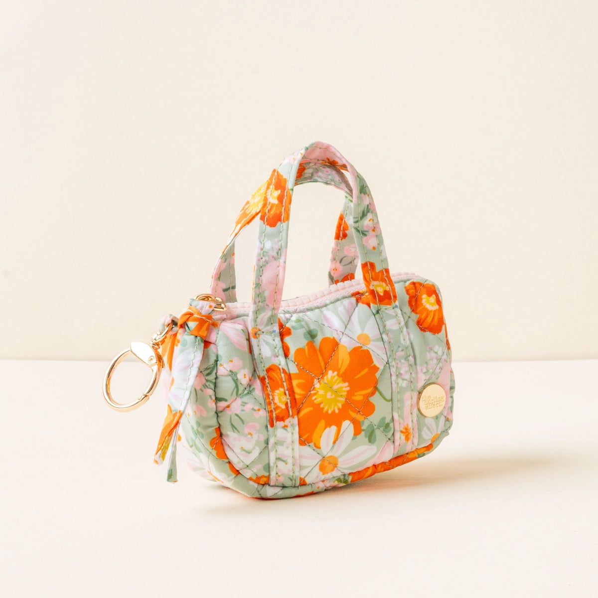 Green Orange Pink Floral Mini Duffle Bag Bag Charm on Cream Background Darling Effect Itty Bitty Duffle Bag Charm Bouquet Beauty Sage