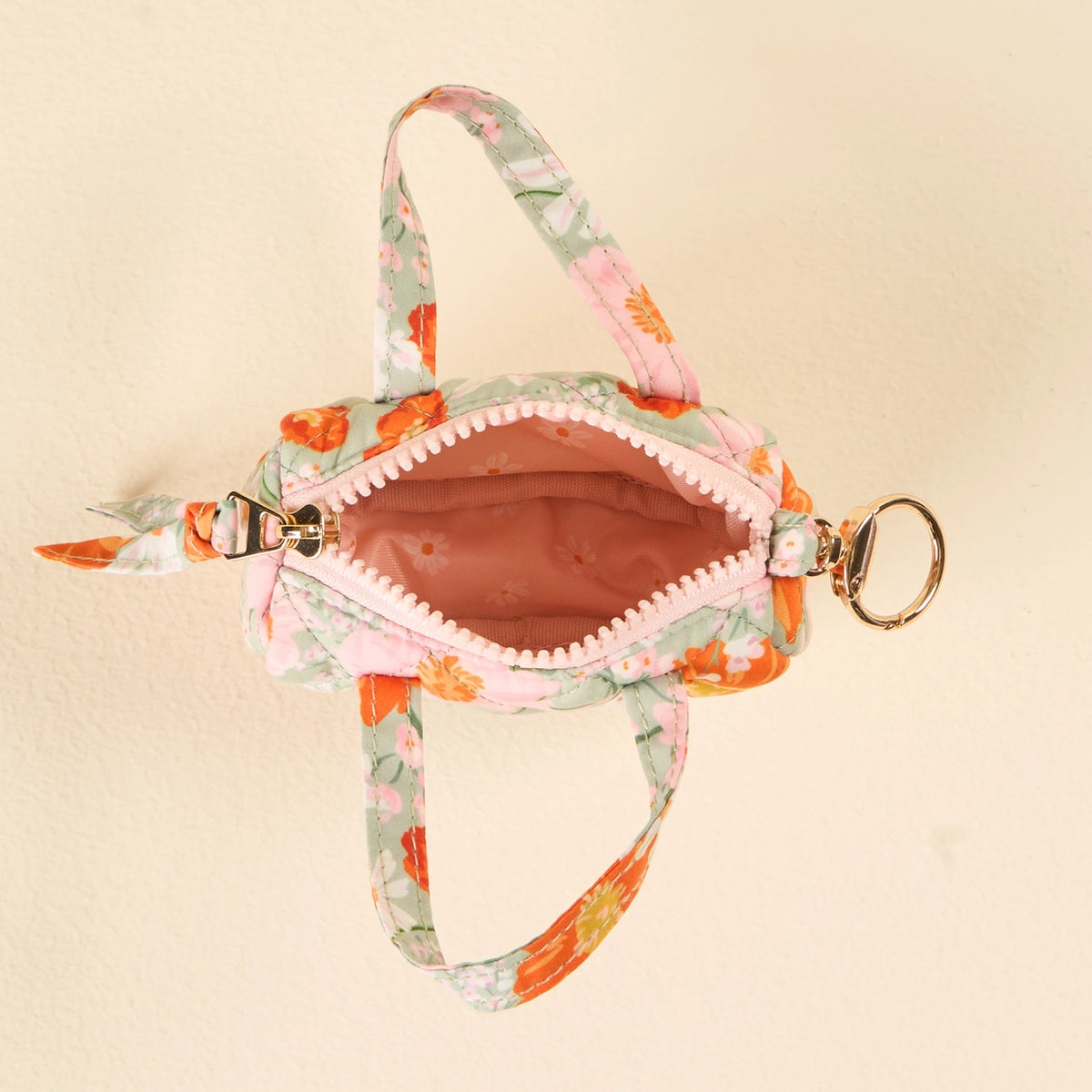 Open bag interior Green Orange Pink Floral Mini Duffle Bag Bag Charm on Cream Background Darling Effect Itty Bitty Duffle Bag Charm Bouquet Beauty Sage