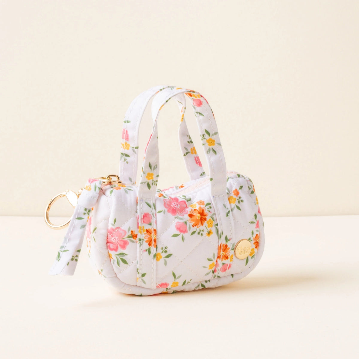 White Pink Orange Cream Floral Mini Duffle Bag Bag Charm on Cream Background Darling Effect Itty Bitty Duffle Bag Charm Endless Daydream Cream