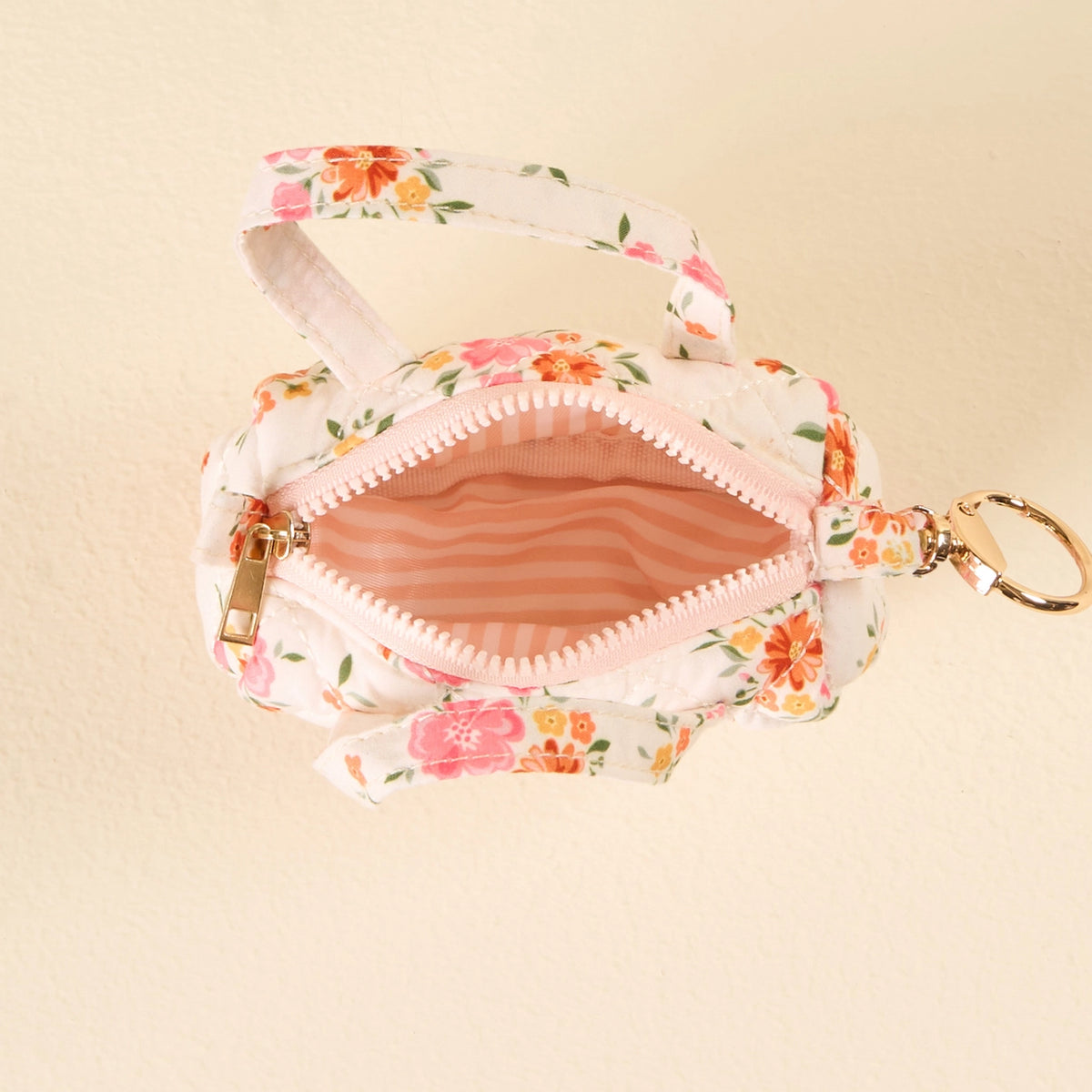 Interior bag open White Pink Orange Cream Floral Mini Duffle Bag Bag Charm on Cream Background Darling Effect Itty Bitty Duffle Bag Charm Endless Daydream Cream