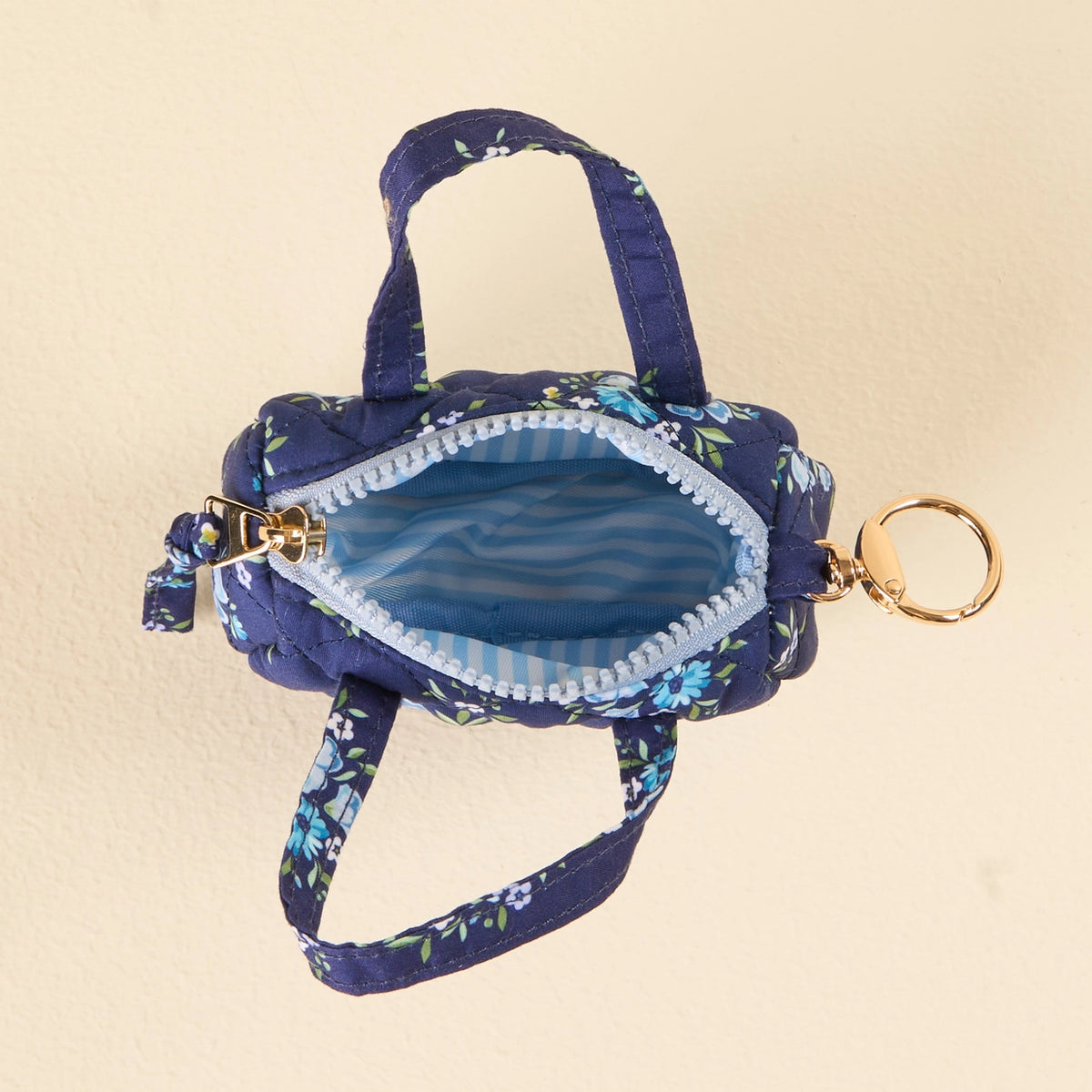 Interior open bag Navy Light Blue Purple Floral Mini Duffle Bag Bag Charm on Cream Background Darling Effect Itty Bitty Duffle Bag Charm Endless Daydream Navy