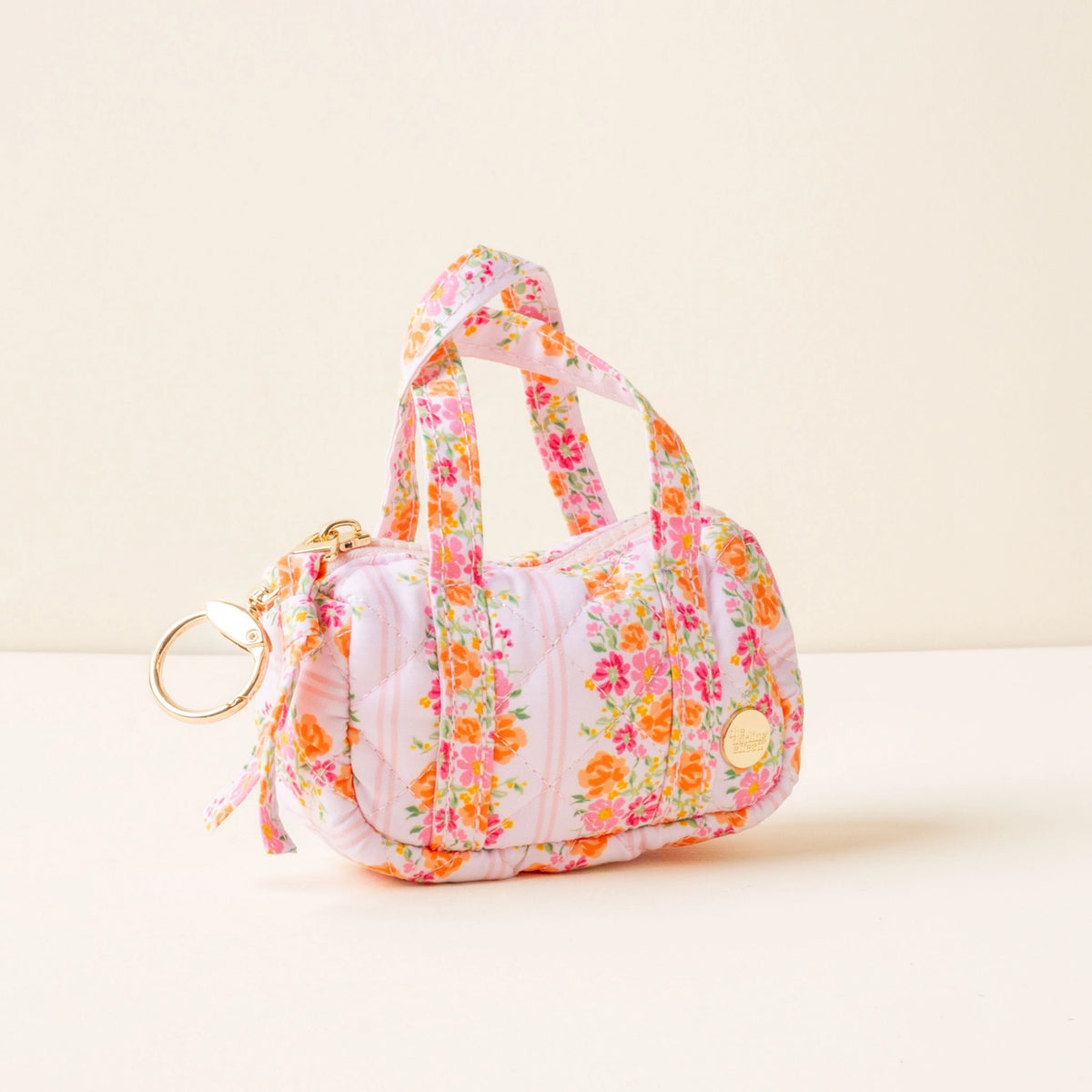 Light Pink Orange Hot Pink Floral Mini Duffle Bag Bag Charm on Cream Background Darling Effect Itty Bitty Duffle Bag Charm Petal Parade Pink