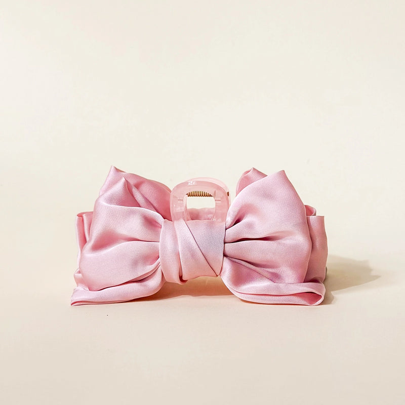 pink claw clip hair bow on cream background Darling Effect Satin Bow Claw Hair Clip Blush