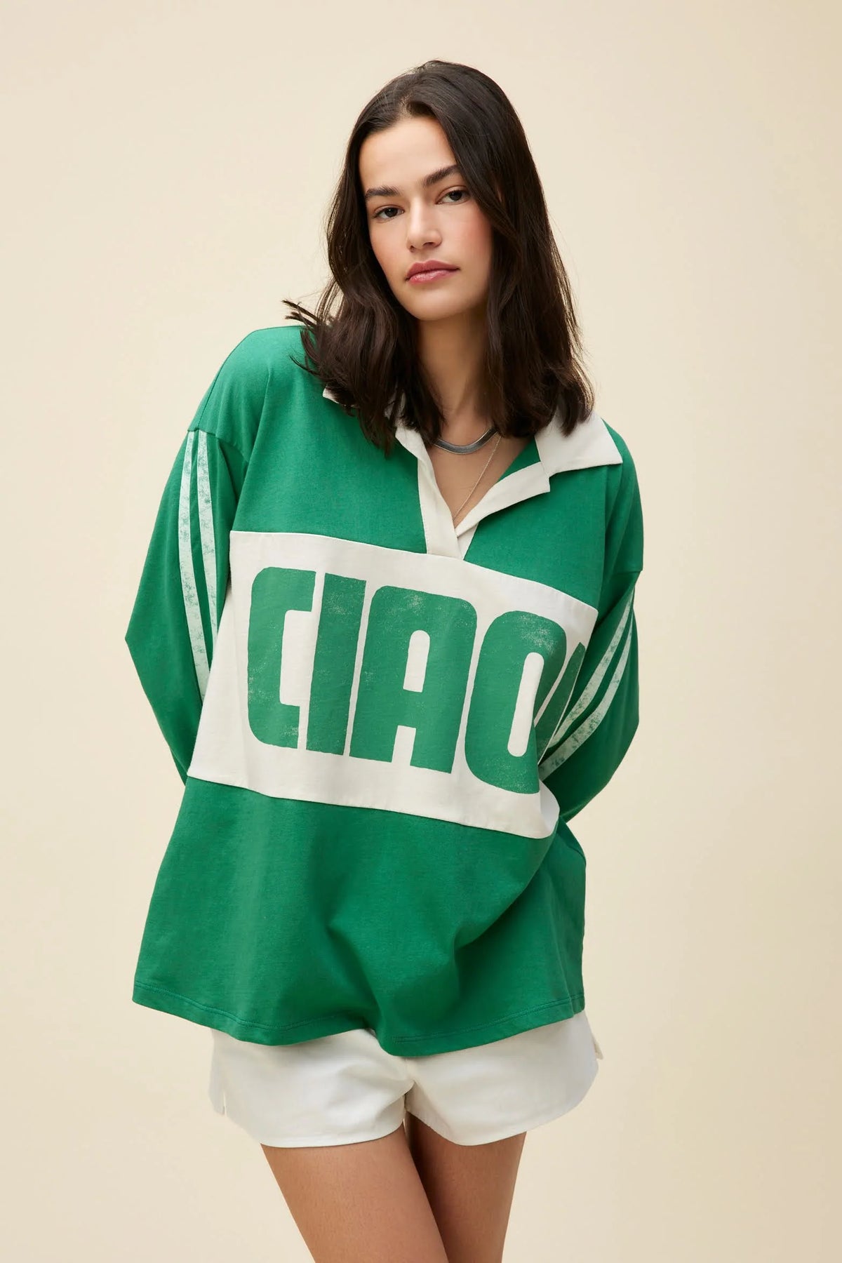 Daydreamer Ciao Rugby Long Sleeve Top in Jade and White