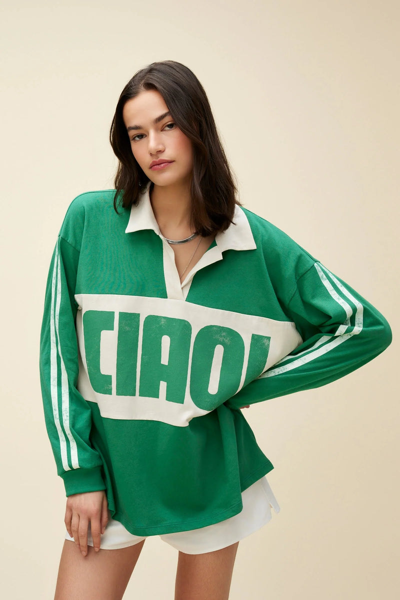 Daydreamer Ciao Rugby Long Sleeve Top in Jade and White