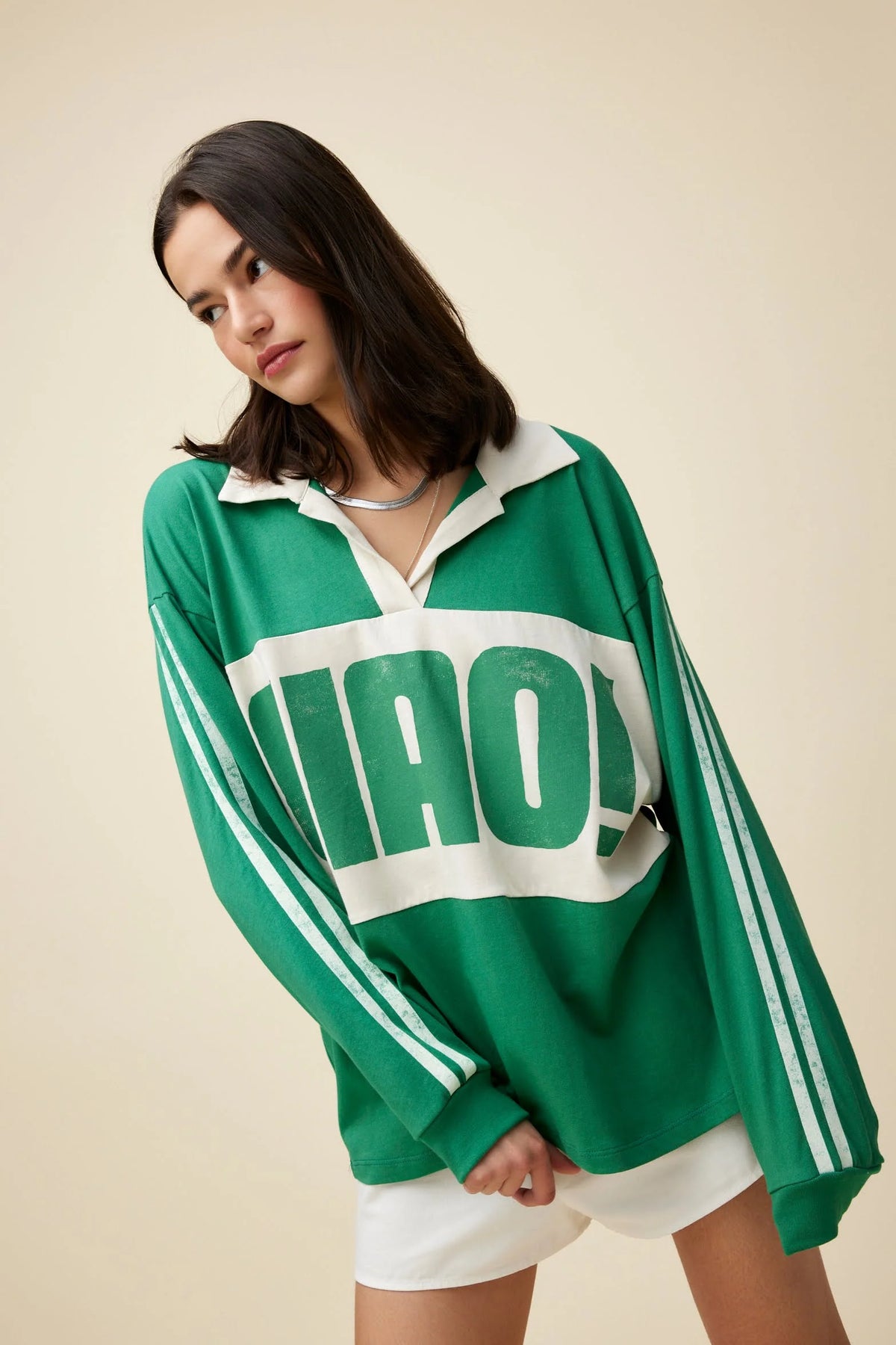 Daydreamer Ciao Rugby Long Sleeve Top in Jade and White