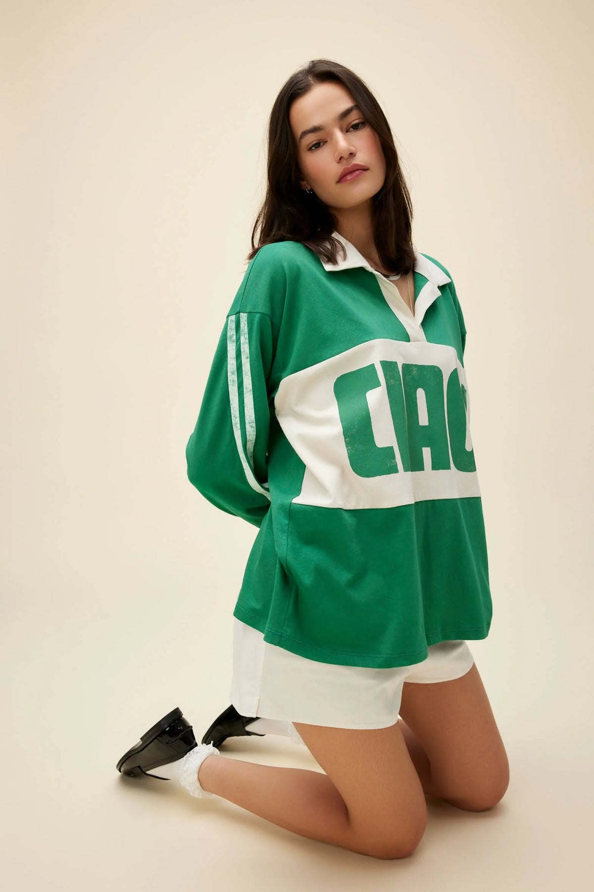 Daydreamer Ciao Rugby Long Sleeve Top in Jade and White