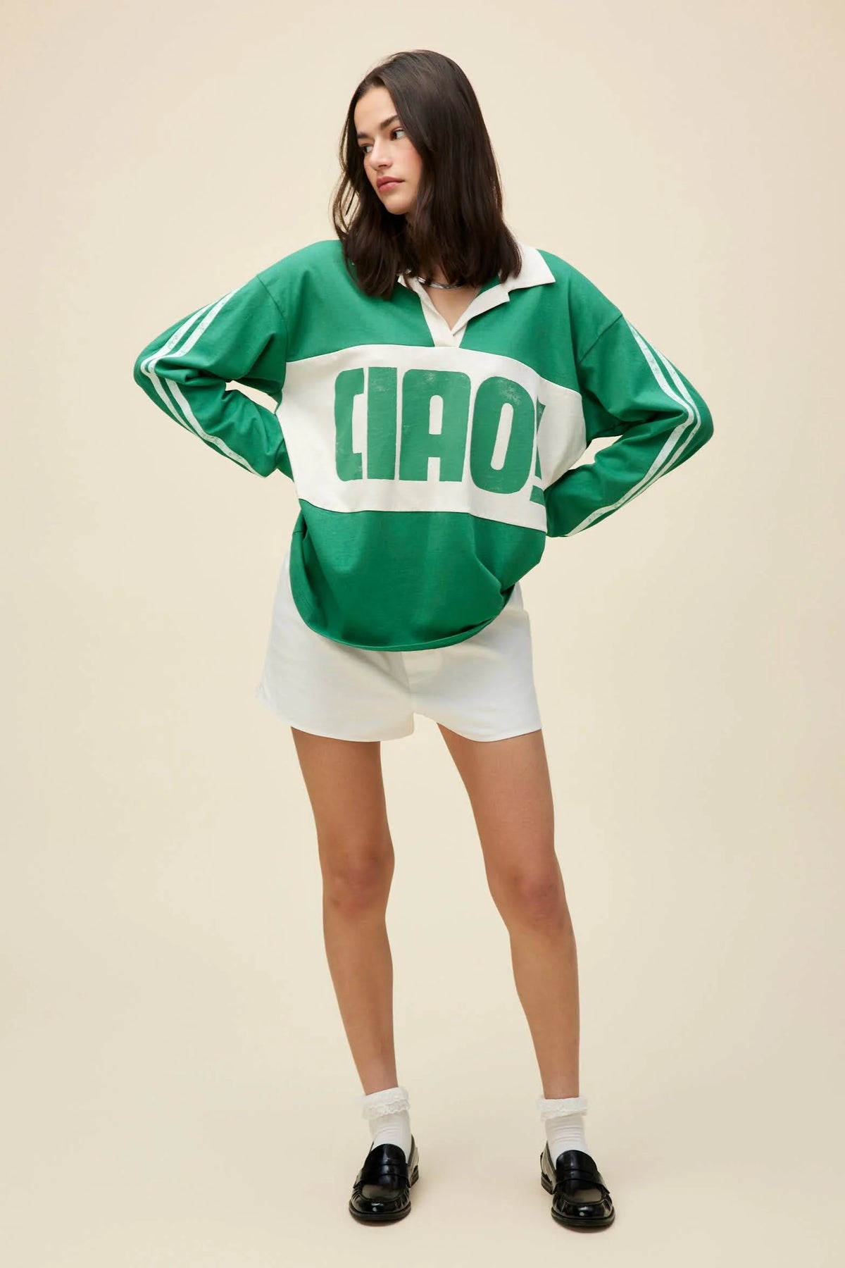 Daydreamer Ciao Rugby Long Sleeve Top in Jade and White