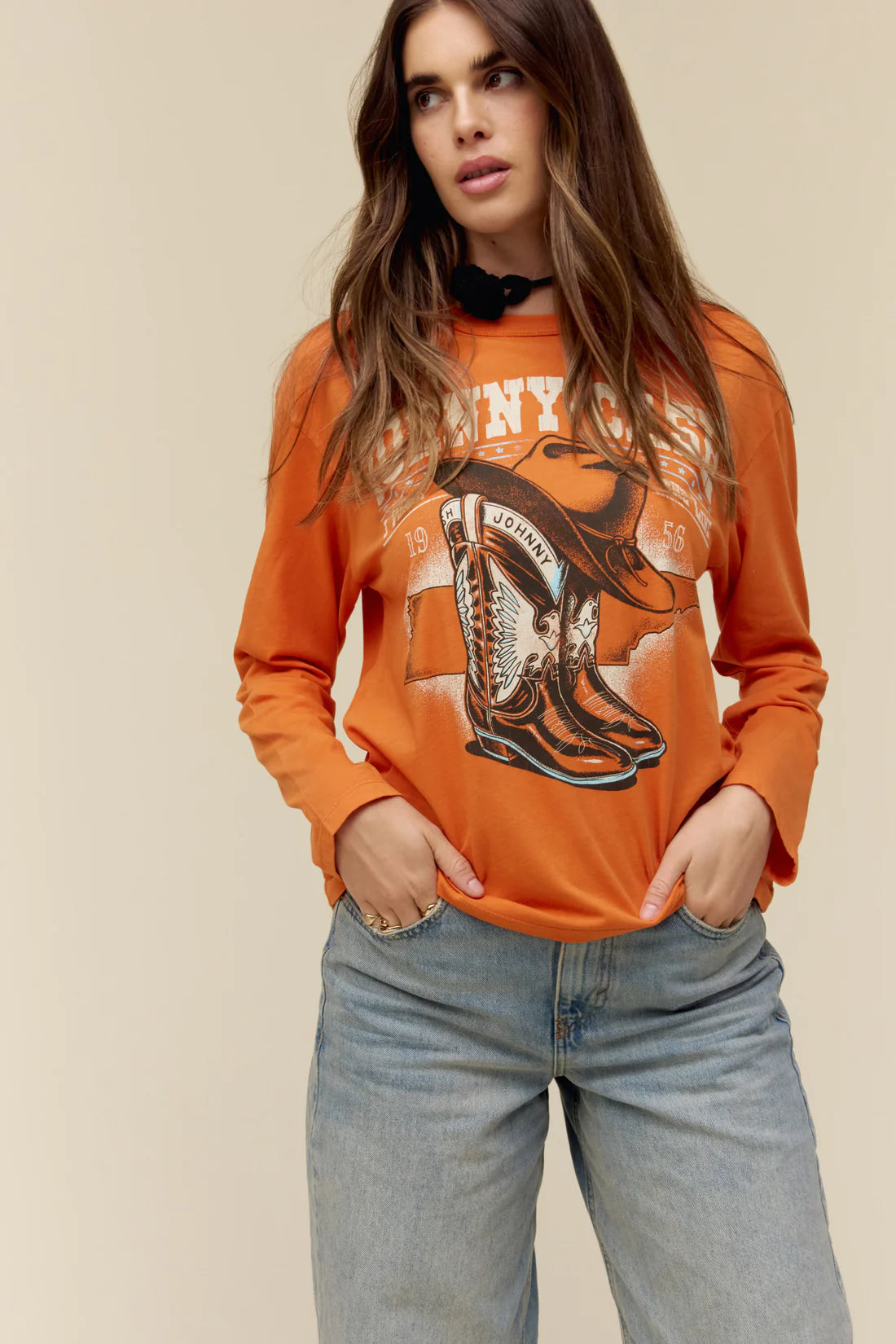 daydreamer johnny cash boots and hat long sleeve crewneck tee in tangerine-front