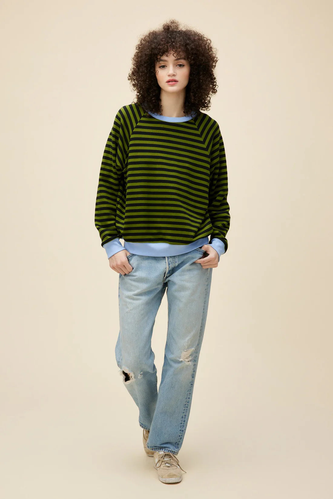 Daydreamer Stripe Vintage Sweatshirt in olive green-front