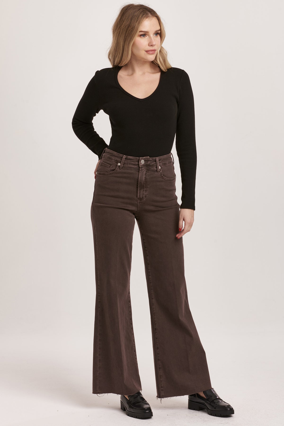 Dear John Fiona Super High-Rise Cut-Off Wide Leg Jeans in Mocha Brown