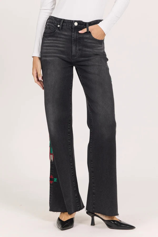 Dear John Denim Fiona Embroidered Raw Hem Wide Leg Jean  vlacklen 