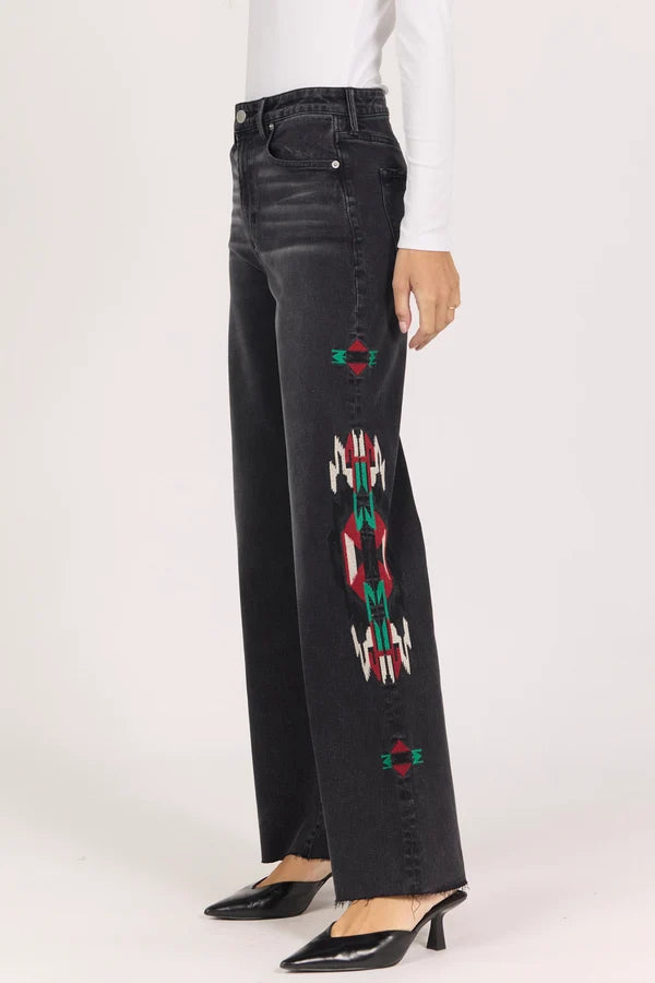 Dear John Denim Fiona Embroidered Raw Hem Wide Leg Jean  vlacklen 