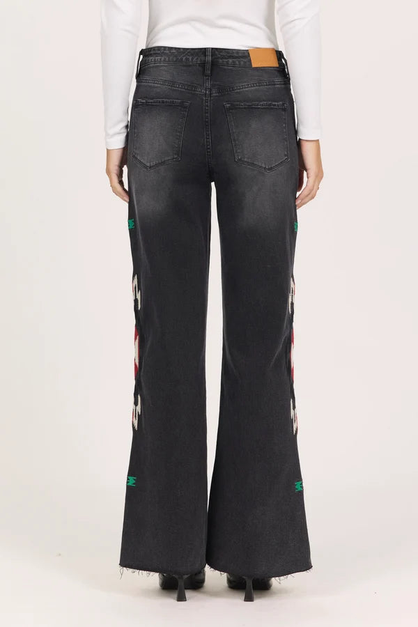 Dear John Denim Fiona Embroidered Raw Hem Wide Leg Jean  vlacklen 