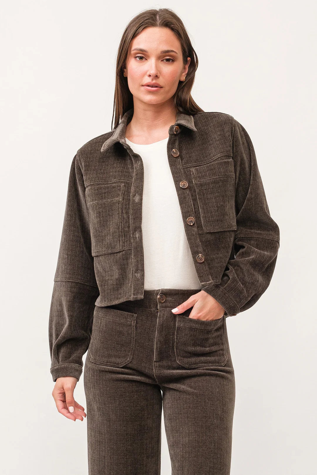 dear john denim Cropped Gina Cord Jacket in dark olive-front