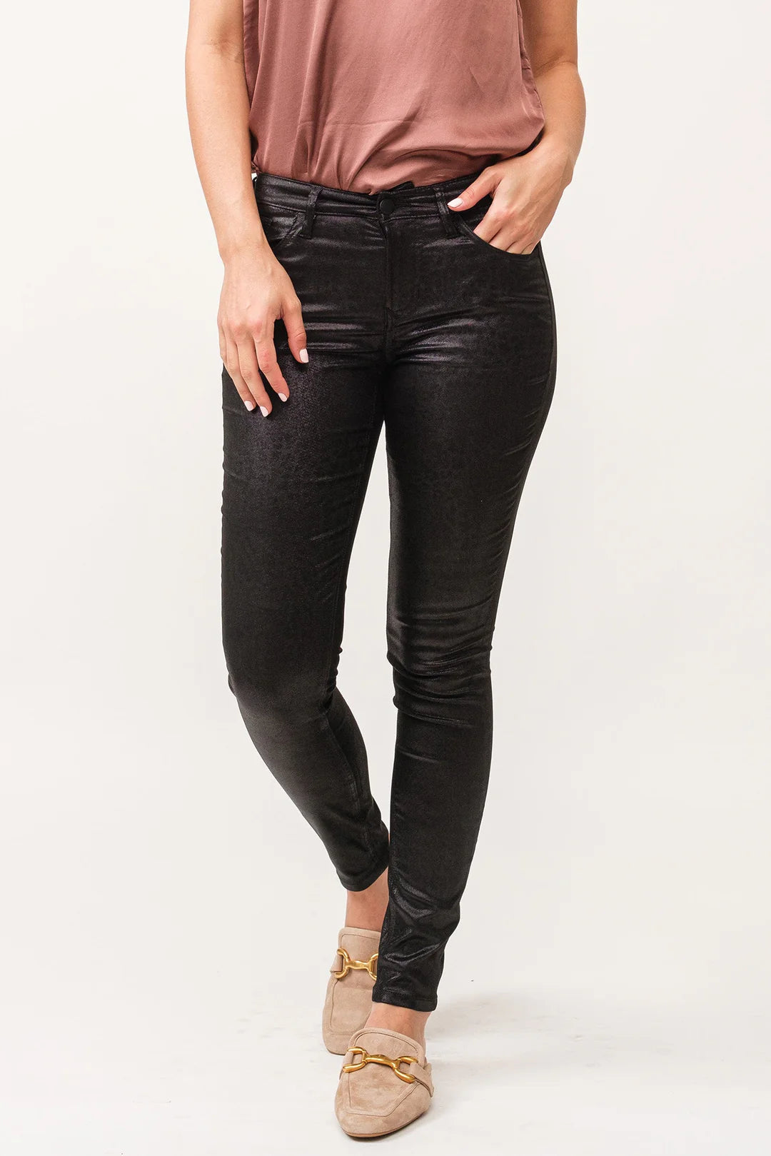 dear john denim Gisele Faux Leather Ankle Skinny Pantsi in obsidian-front