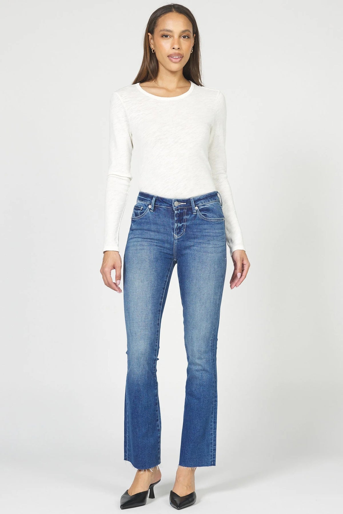 Dear John Denim Jaxtyn Mid Rise Raw Hem Bootcut Jean  crewe wash