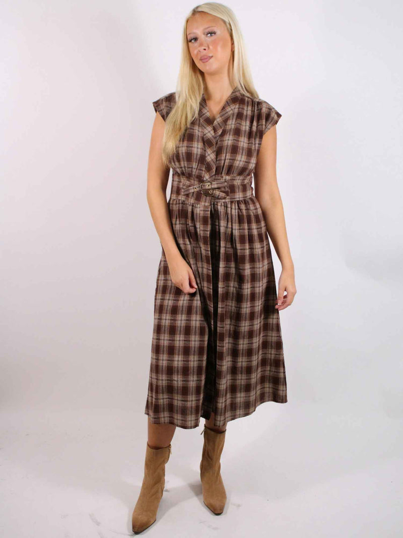 Elton Plaid Cap Slv Midi Dress