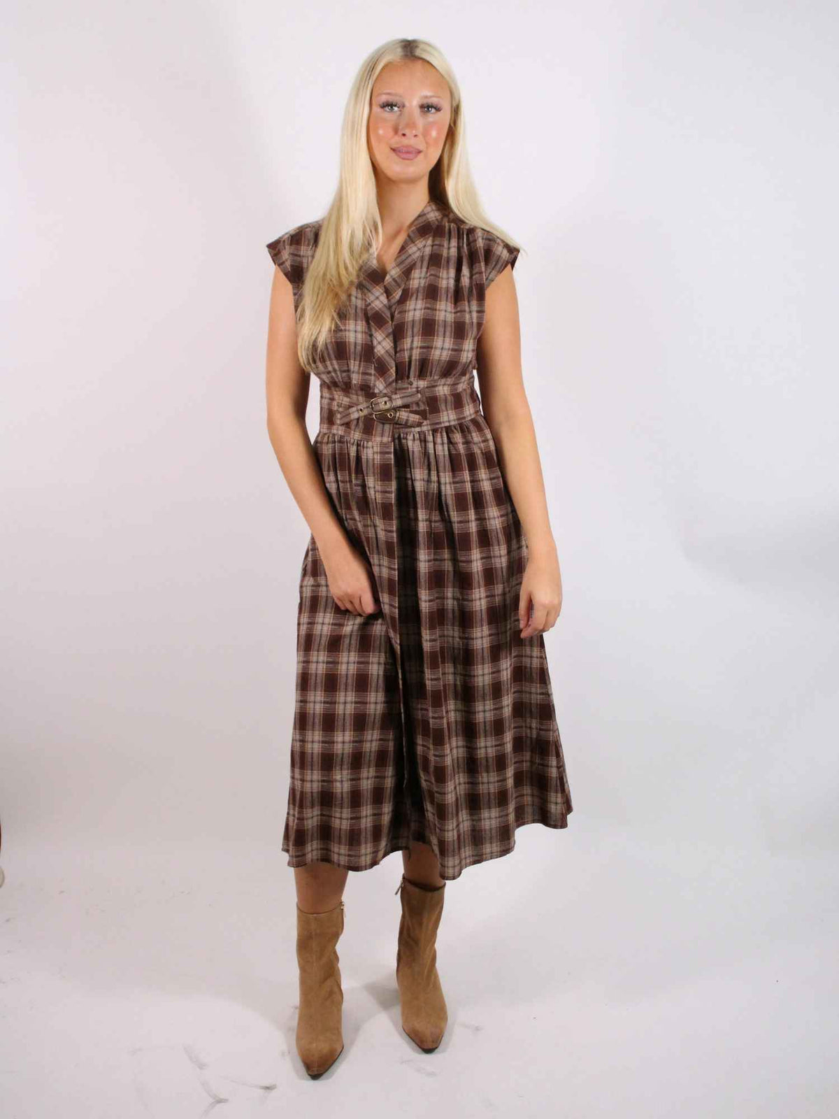 Elton Plaid Cap Slv Midi Dress