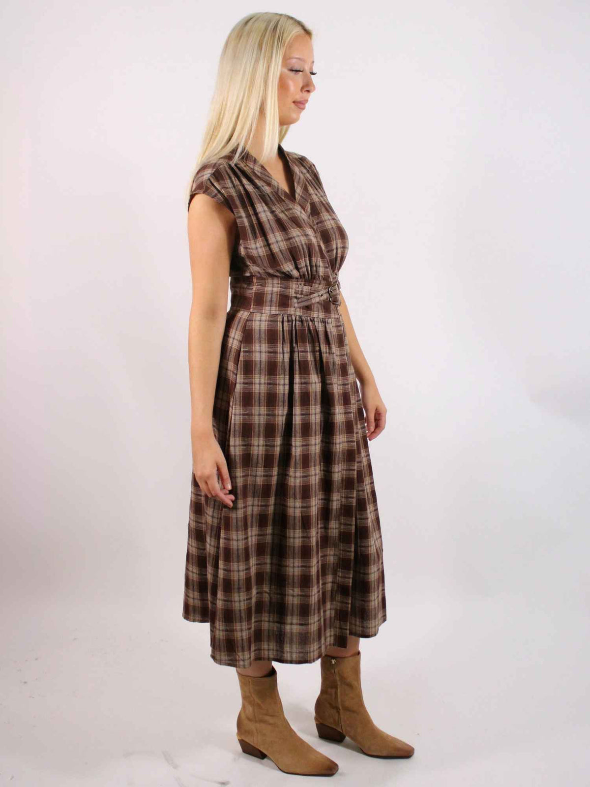 Elton Plaid Cap Slv Midi Dress