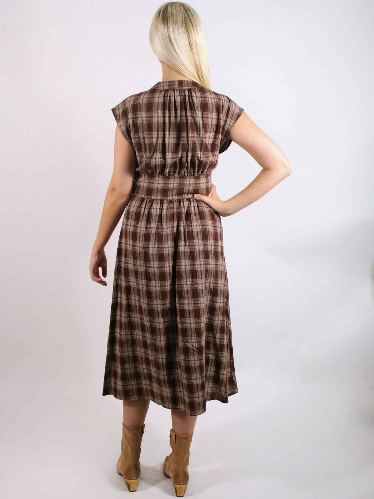 Elton Plaid Cap Slv Midi Dress