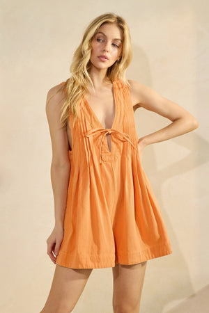 Pleated Tie Front Washed Denim Romper Orange
