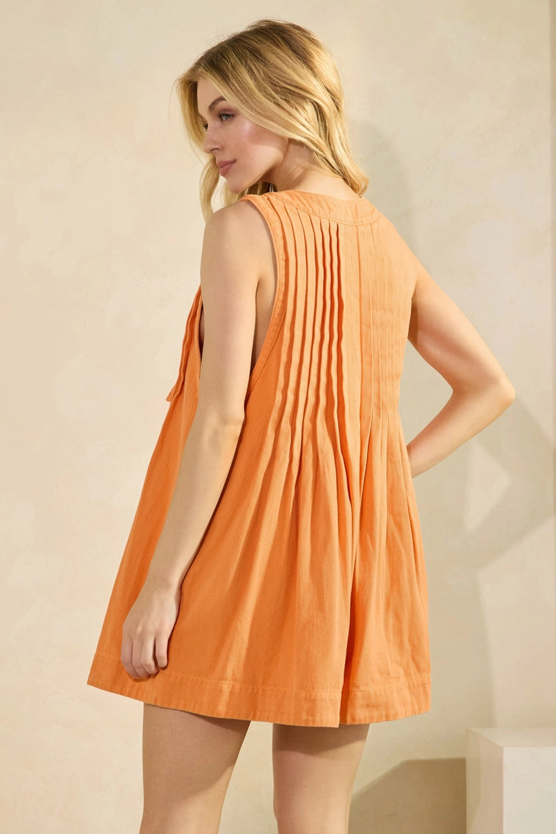 Pleated Tie Front Washed Denim Romper Orange