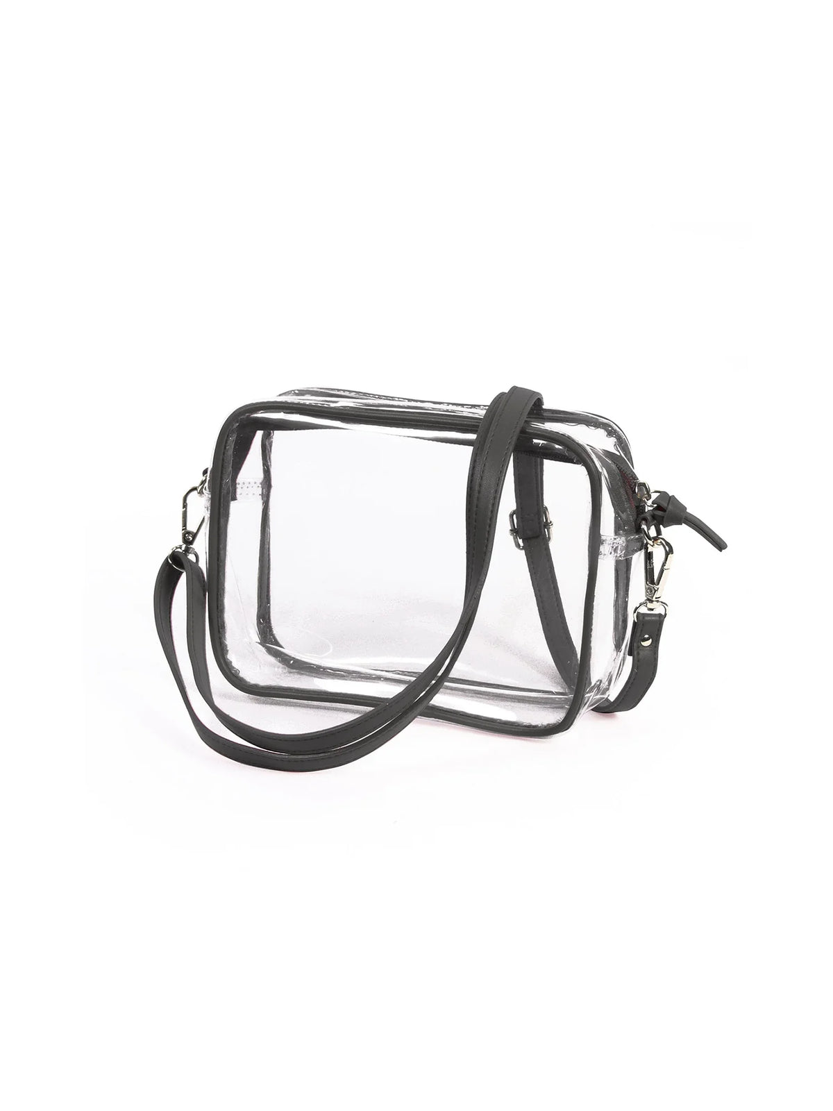 bridget clear stadium approved bag with black vegan leather trim and adjustable, removable crossbody straps