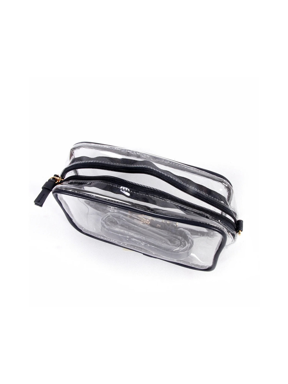 bridget clear stadium approved bag with black vegan leather trim and adjustable, removable crossbody straps