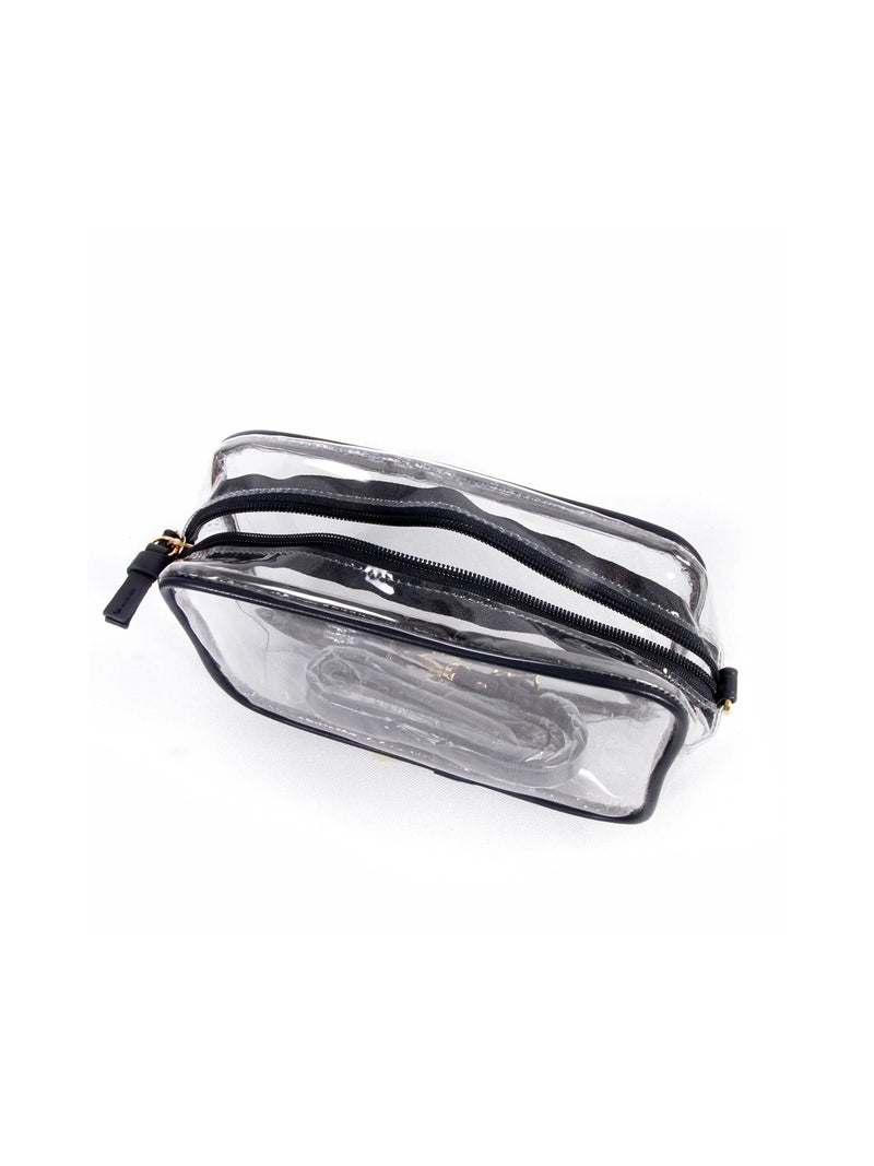 bridget clear stadium approved bag with black vegan leather trim and adjustable, removable crossbody straps