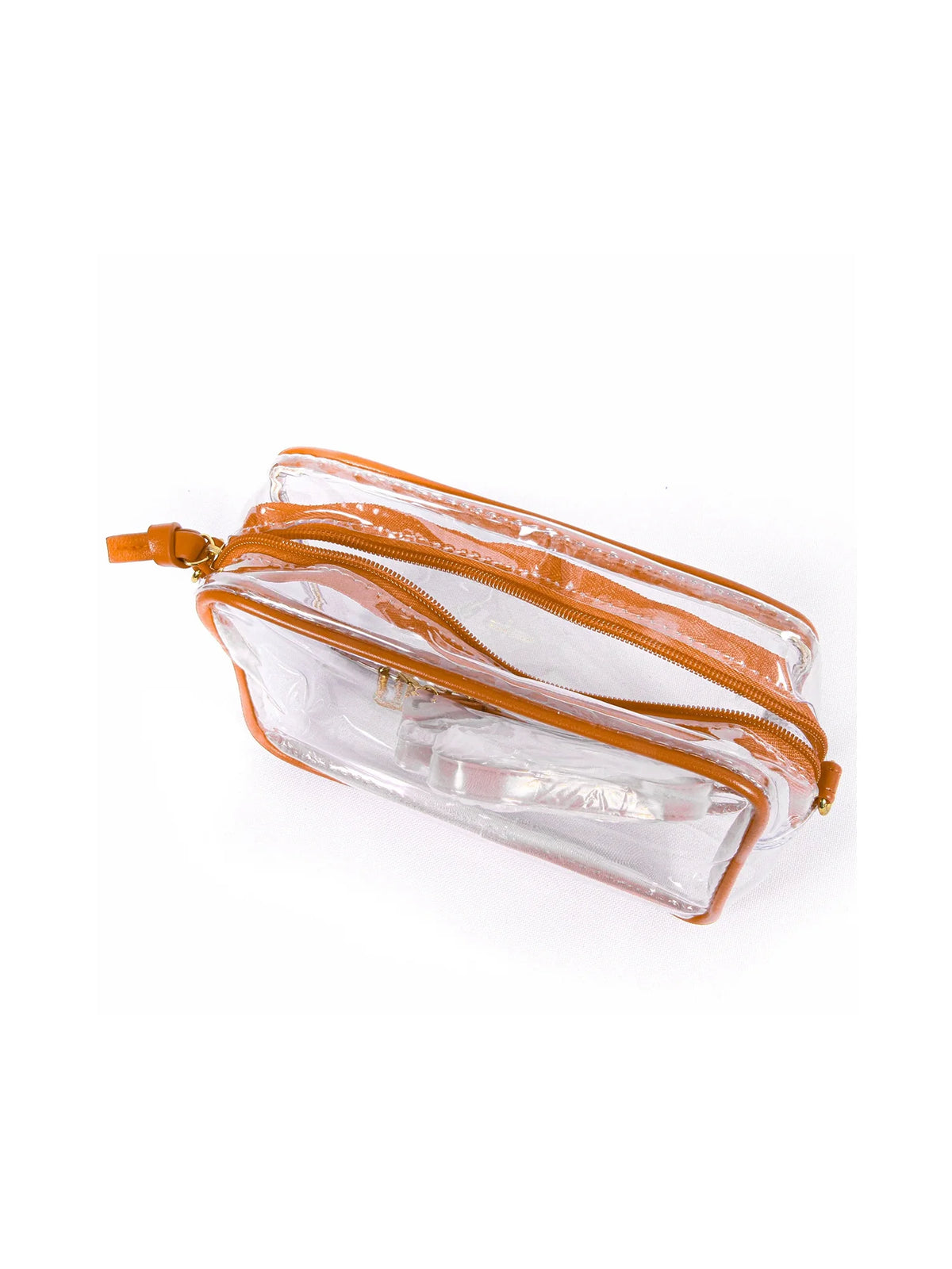 bridget clear stadium approved bag with burnt orange vegan leather trim and adjustable, removable crossbody straps